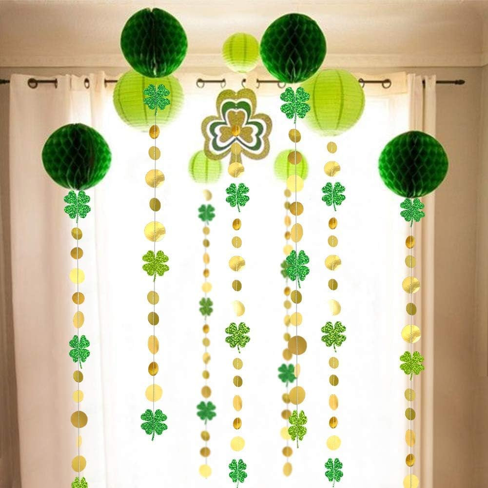 Green Shamrock Garland St Patricks Day Decorations - 4 Leaf Clover Glitter St Paddy'S Day Garland Hanging Streamers for St. Patrick'S Day Irish Party Supplies and Spring Decor - 52Ft