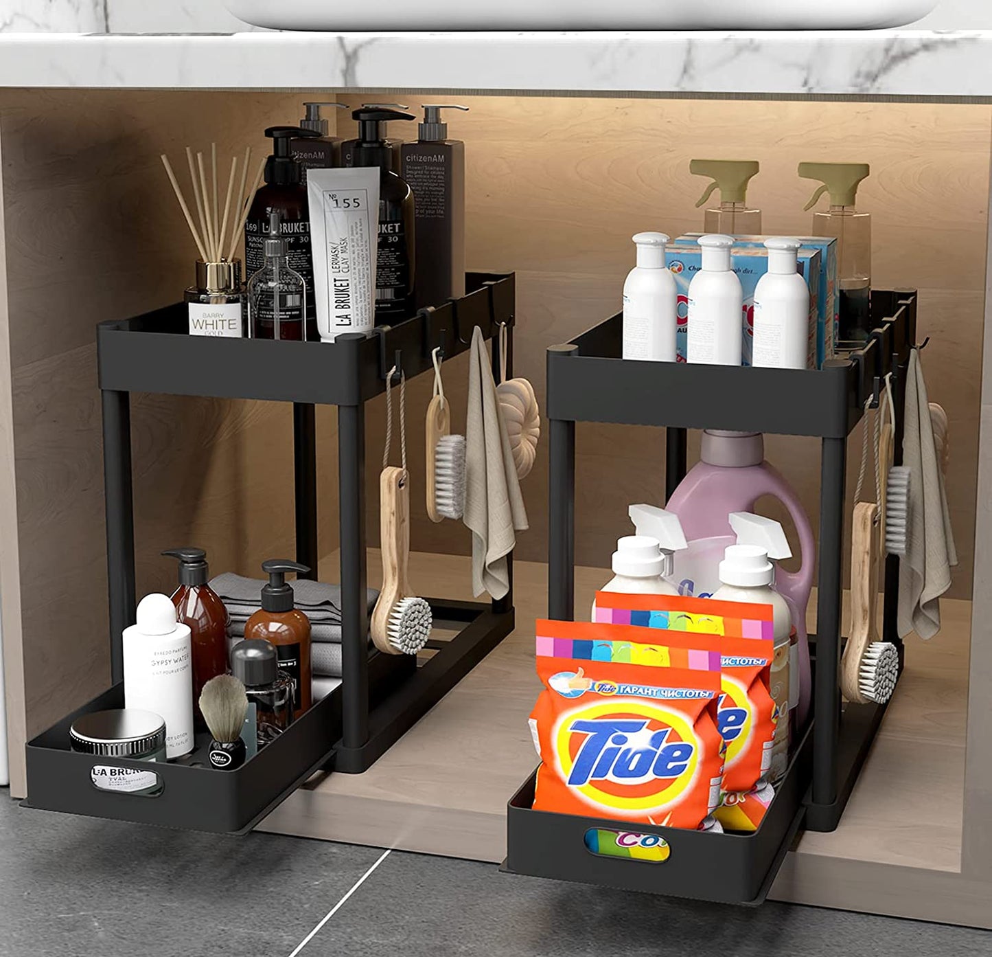 Maximize Your Space! π‘β¨ 2-Tier Under Sink Organizer β Sliding Storage Rack for Kitchen & Bathroom!