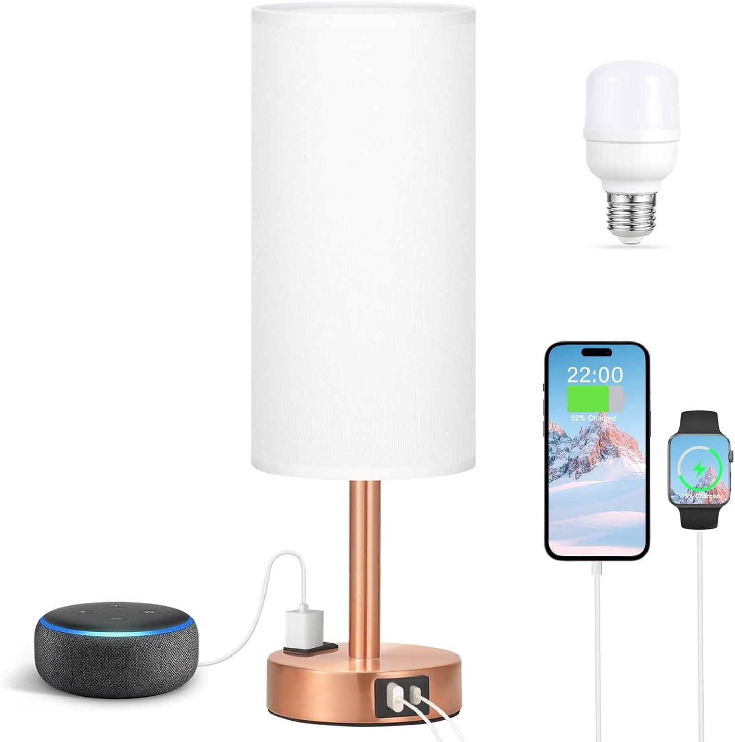 3-Way Dimmable Touch Lamp with USB C Ports & AC Outlet, LED Bulb Included | Different Colors