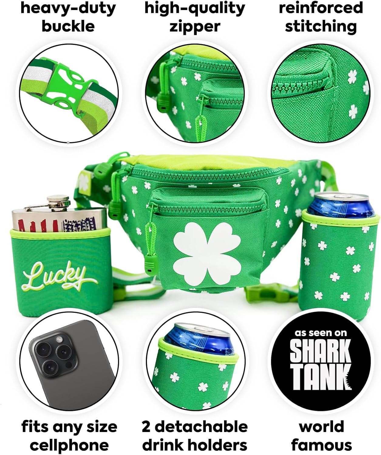 St Patrick’S Dublin' Drinker Fanny Pack W/Drink Accessories - Green Clover Waist Bag with 2 Attached Beverage Holsters - Multiple Zipper Pocket Belt Bag for Parties Celebrations