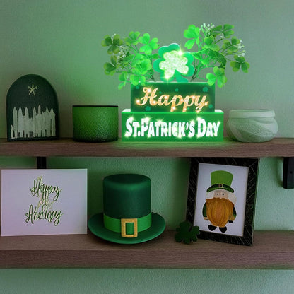 St. Patrick’s Day Table Centerpieces – Wooden Blocks with Lighted 3D Letters, Shamrocks, Flowers, & Timer