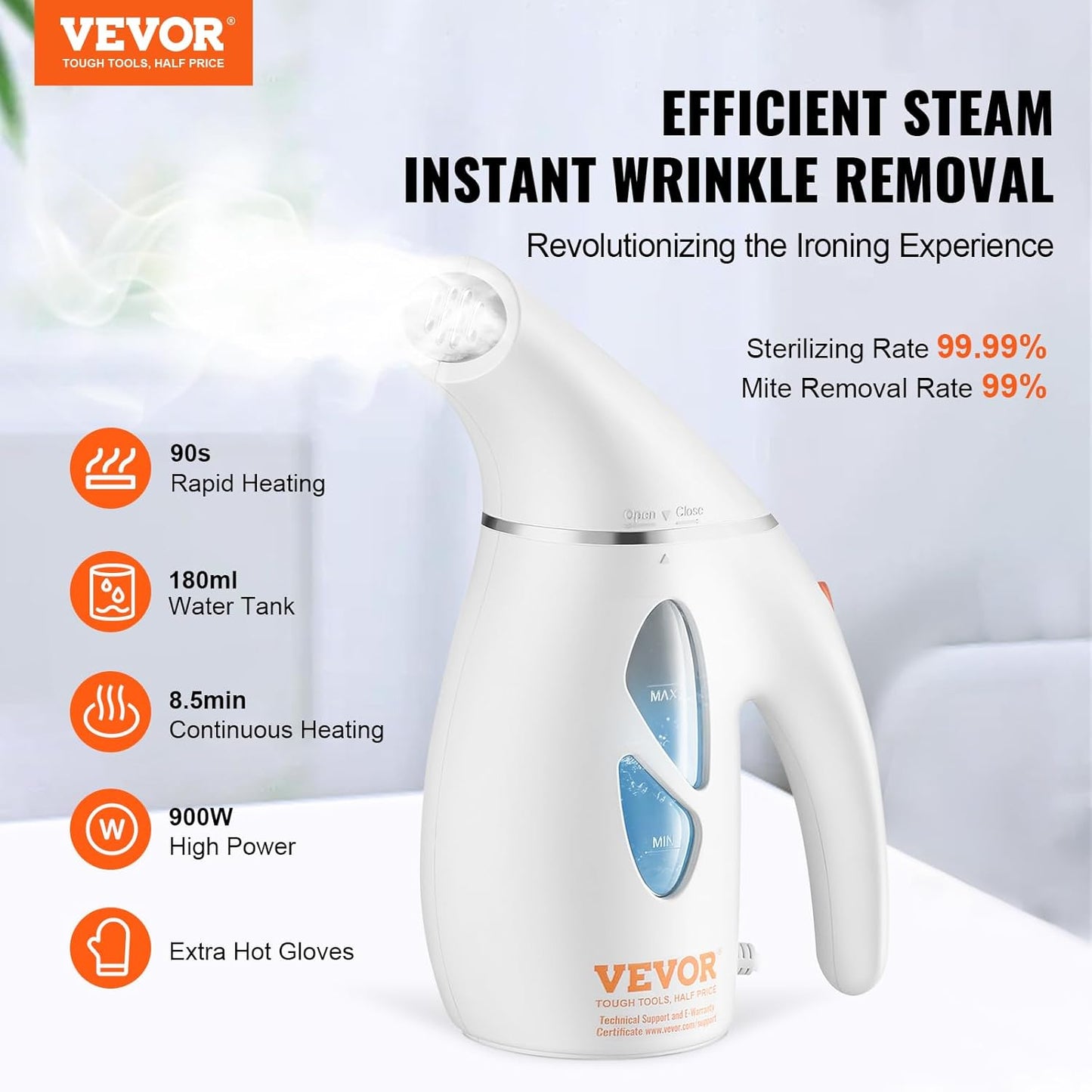 Portable Handheld Fabric Steamer, 900W Quick Heat Steamer for Clothes, Wrinkle Remover Clothing Iron Intelligent Controller & Auto-Off & Large Detachable Water Tank, with Gloves, 240Ml