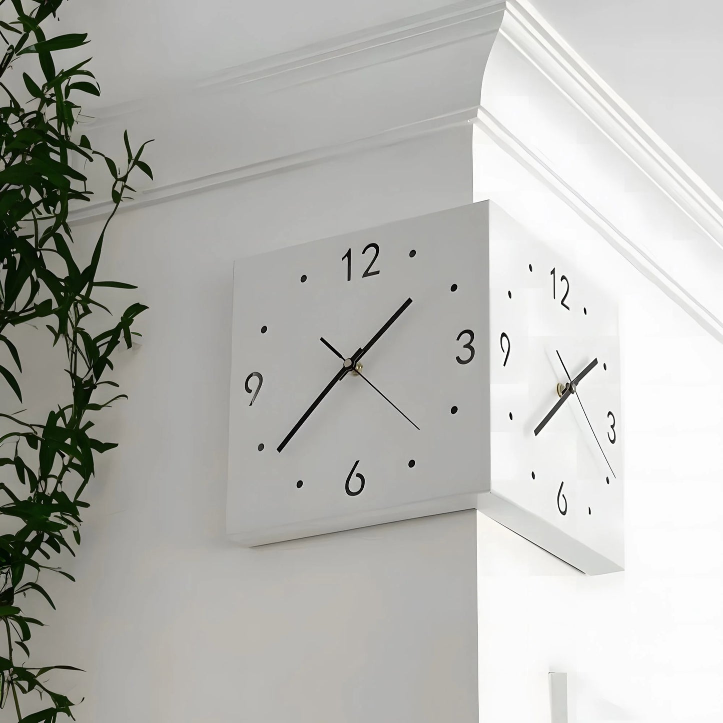 Double-Sided Wall Clock with Night Light – Nordic Hanging Corner Clock for Living Room Décor (White)