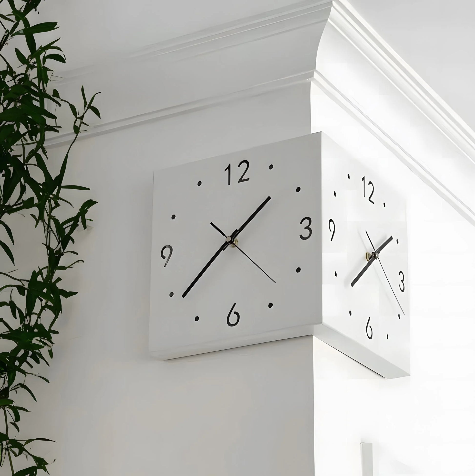 Double-Sided Wall Clock with Night Light – Nordic Hanging Corner Clock for Living Room Décor (White)