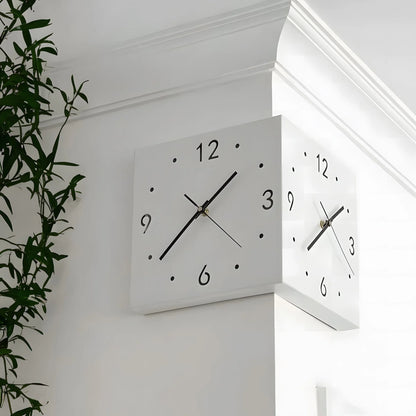 Double-Sided Wall Clock with Night Light – Nordic Hanging Corner Clock for Living Room Décor (White)