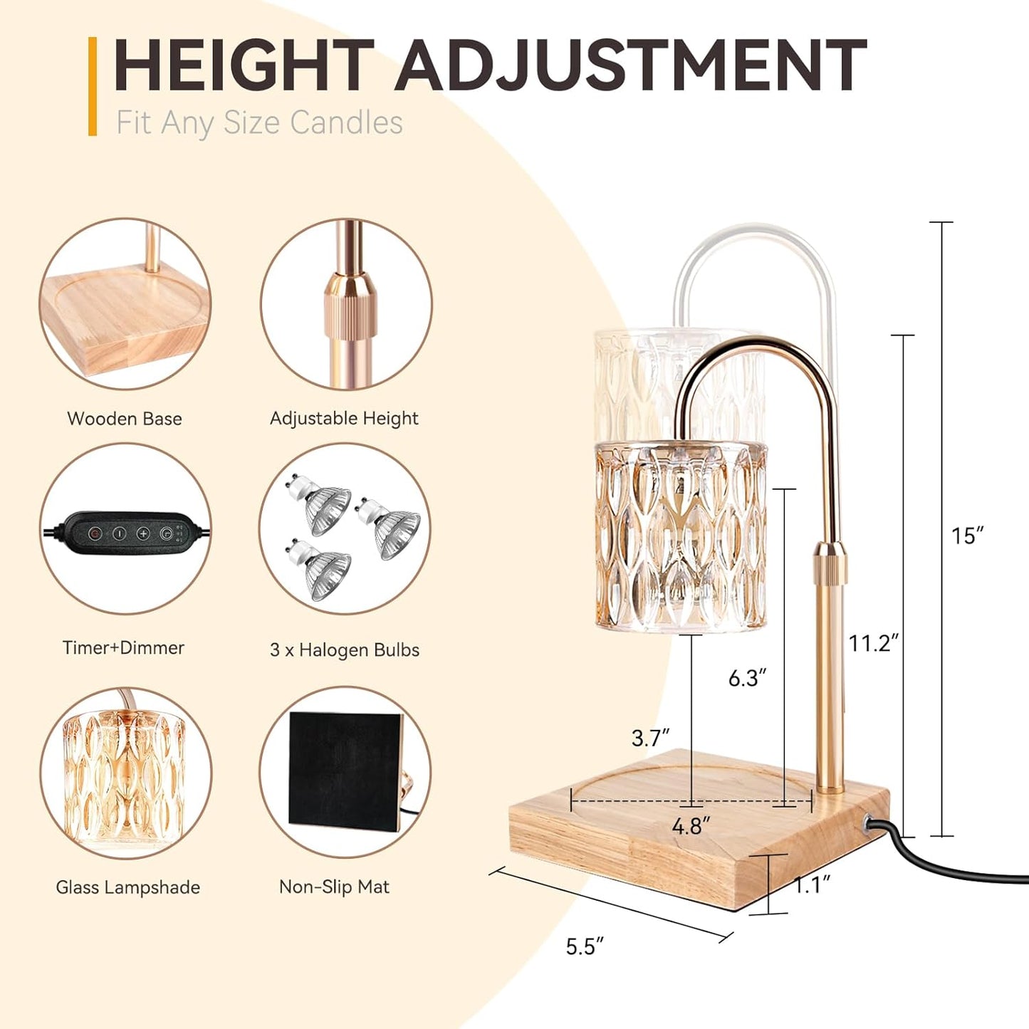 Candle Warmer Lamp with 3 Bulbs, Adjustable Height Dimmable Candle Warmer with Timer, Compatible with Large Jar Candles, Candle Lamp with Charming Gift Box Ribbon for Her/Him(Natural Wood)