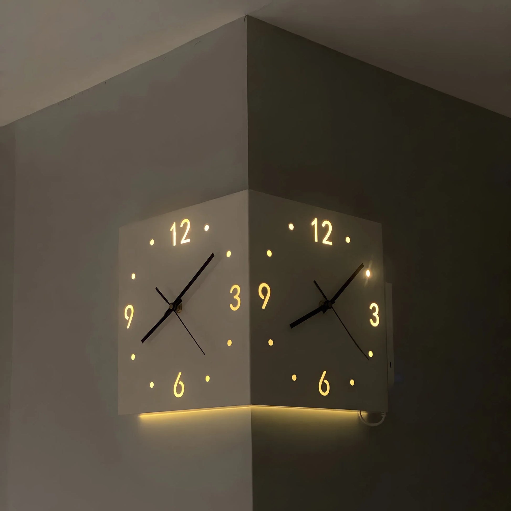Double-Sided Wall Clock with Night Light – Nordic Hanging Corner Clock for Living Room Décor (White)