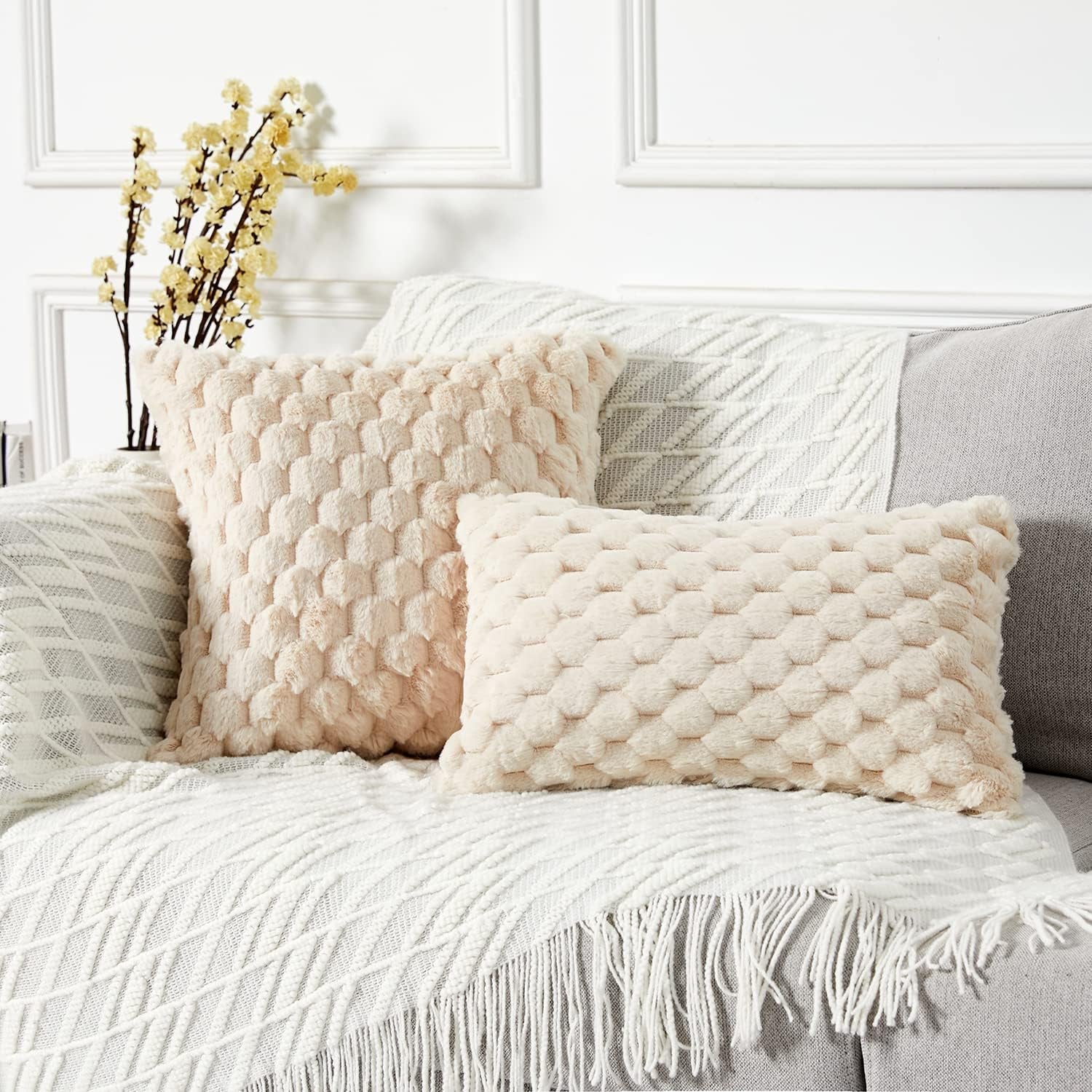 2-Pack Super Soft Fuzzy Throw Pillow Covers – 16x16" Beige Faux Fur Cushion Covers