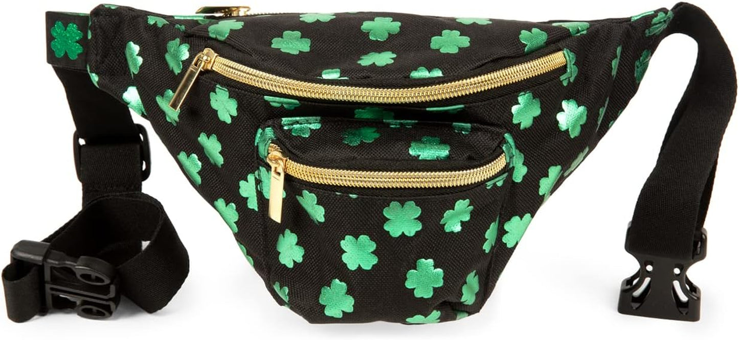 St Patrick’S Dublin' Drinker Fanny Pack W/Drink Accessories - Green Clover Waist Bag with 2 Attached Beverage Holsters - Multiple Zipper Pocket Belt Bag for Parties Celebrations