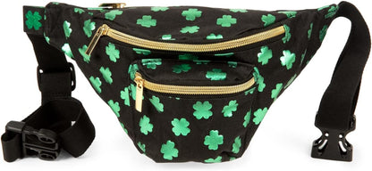 St Patrick’S Dublin' Drinker Fanny Pack W/Drink Accessories - Green Clover Waist Bag with 2 Attached Beverage Holsters - Multiple Zipper Pocket Belt Bag for Parties Celebrations