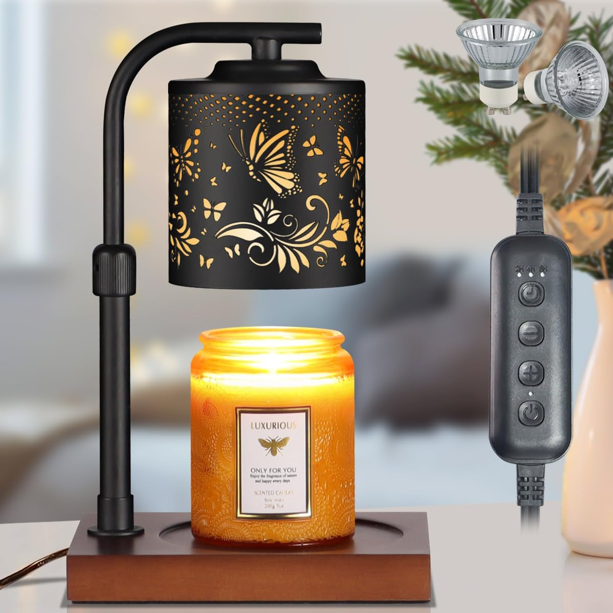 Dimmable Candle Warmer Lamp with Timer Electric Wax Melt Warmers Light Adjustable Height for Jar Scented Candles for Home Offices Decor Mother'S Day Birthday Gifts for Women Mom Grandma(Butterfly-01)