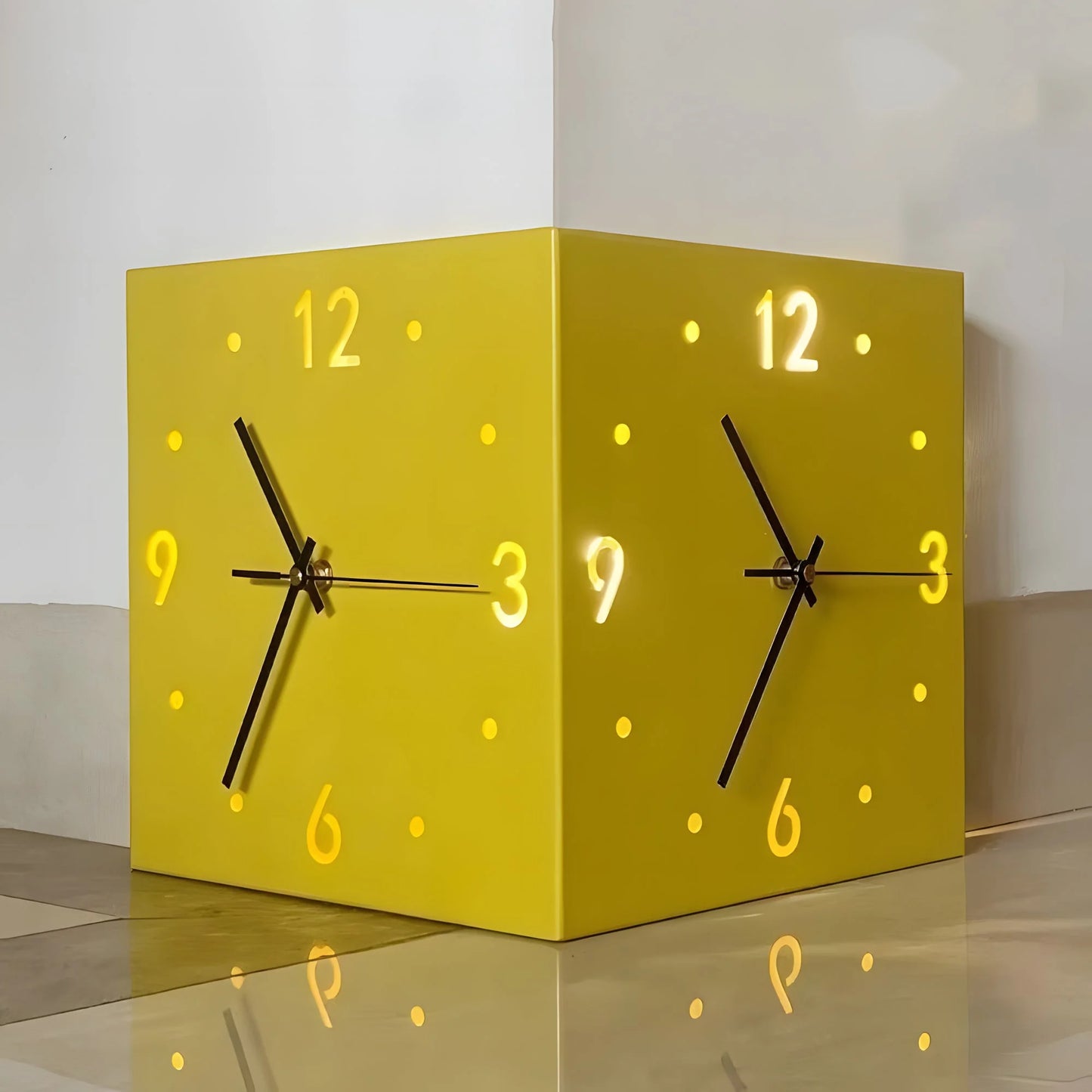 Double-Sided Wall Clock with Night Light – Nordic Hanging Corner Clock for Living Room Décor (White)