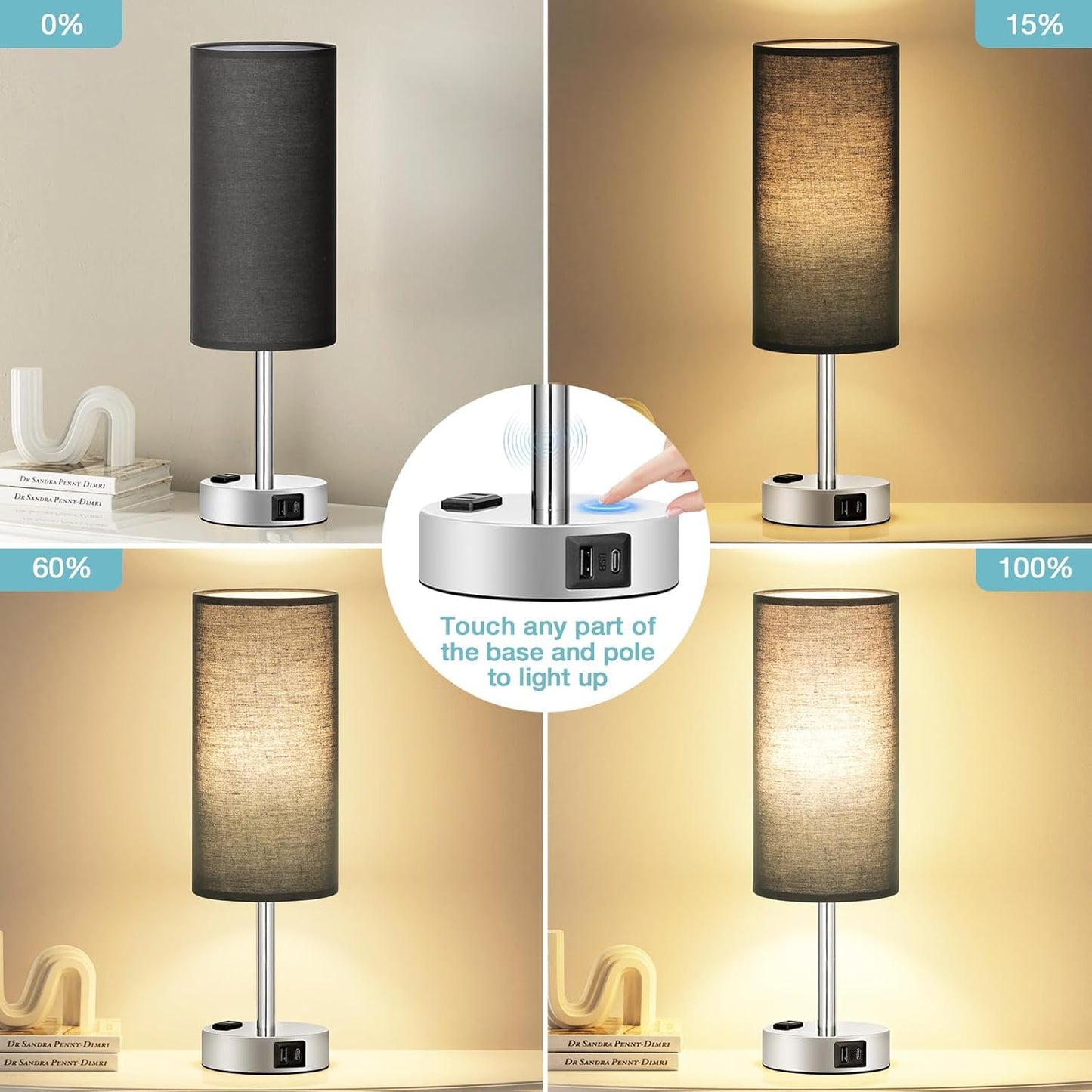 3-Way Dimmable Touch Lamp with USB C Ports & AC Outlet, LED Bulb Included | Different Colors 