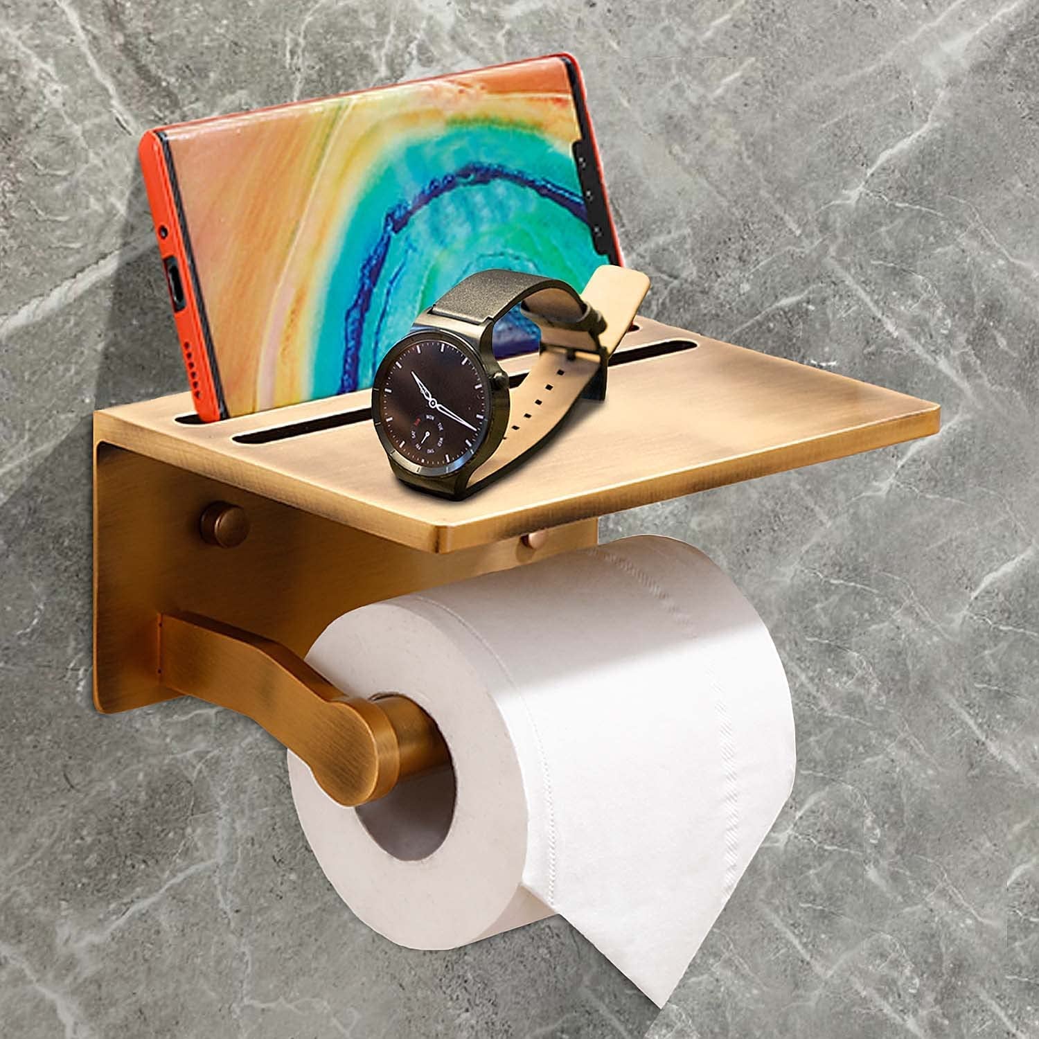 Smart Phone Holder- Smart Home Toilet Paper Holder with Built-In Shelf – Antique Brass Finish! Upgrade Your Bathroom! 🚽✨ 
