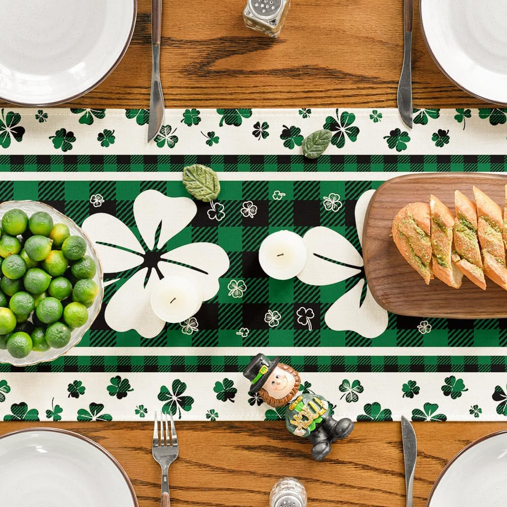 Green Clover Buffalo Plaid St. Patrick’s Day Table Runner – 13x72 Inch Seasonal Dining & Kitchen Decoration