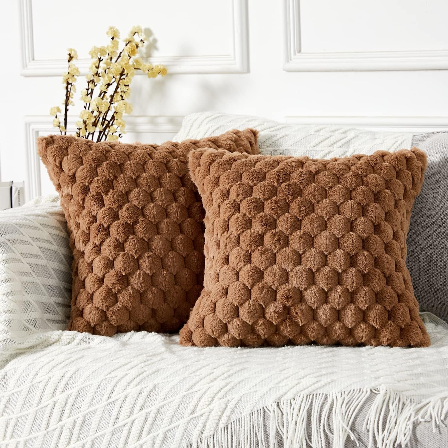 2-Pack Super Soft Fuzzy Throw Pillow Covers – 16x16" Beige Faux Fur Cushion Covers