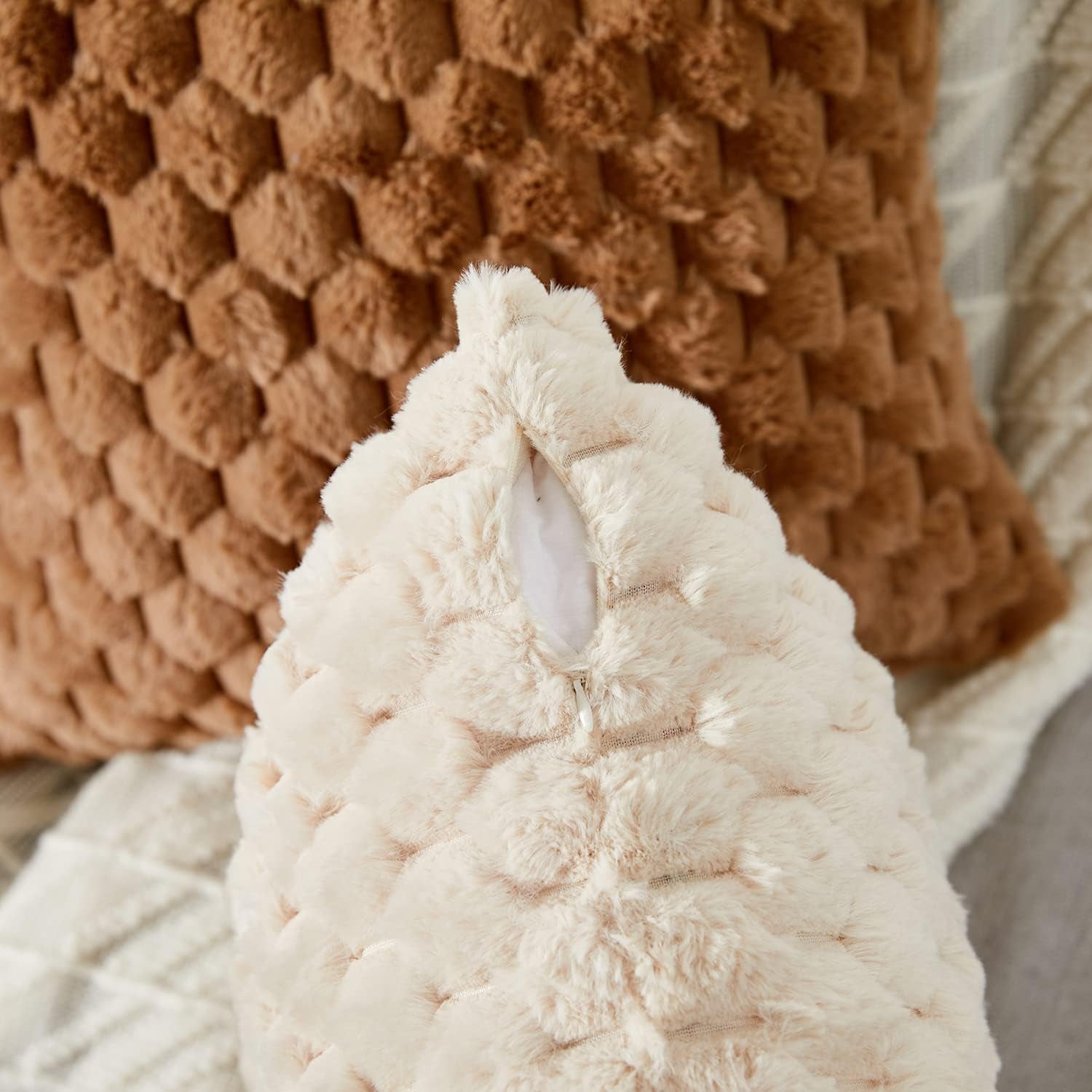 2-Pack Super Soft Fuzzy Throw Pillow Covers – 16x16" Beige Faux Fur Cushion Covers