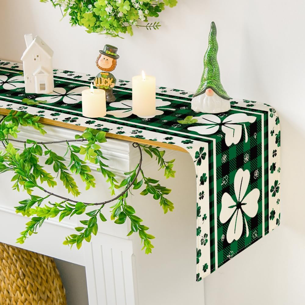 Green Clover Buffalo Plaid St. Patrick’s Day Table Runner – 13x72 Inch Seasonal Dining & Kitchen Decoration