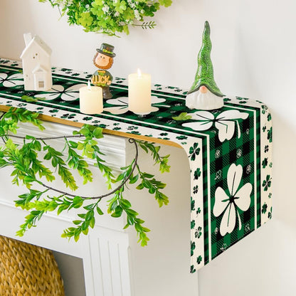 Green Clover Buffalo Plaid St. Patrick’s Day Table Runner – 13x72 Inch Seasonal Dining & Kitchen Decoration