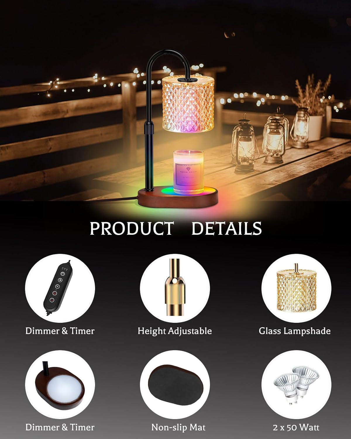 Candle Warmer Lamp with 8 Color LED & Timer | RGB Dimmable Wax Melt Warmer | Adjustable Height for All Scented Candles 