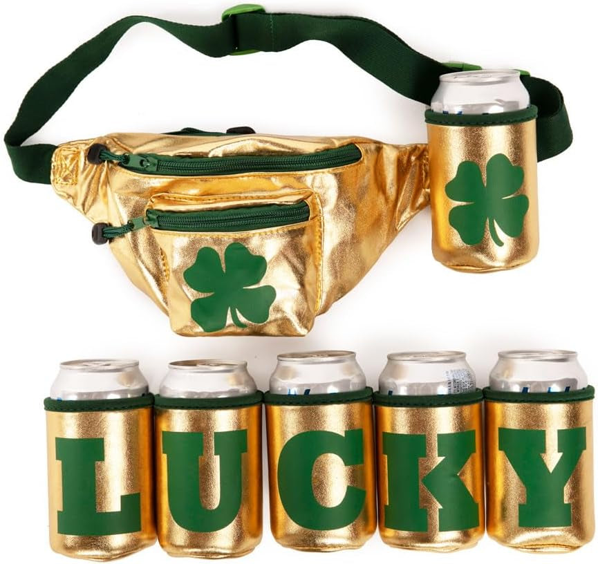 St Patrick’S Dublin' Drinker Fanny Pack W/Drink Accessories - Green Clover Waist Bag with 2 Attached Beverage Holsters - Multiple Zipper Pocket Belt Bag for Parties Celebrations