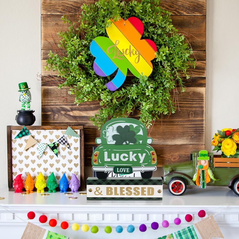 St. Patrick’s Day 3-Layered Wood Green Truck Decor – Shamrock Ornaments & "Lucky & BLESSED" Sign for Home, Table, Mantel