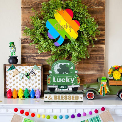 St. Patrick’s Day 3-Layered Wood Green Truck Decor – Shamrock Ornaments & "Lucky & BLESSED" Sign for Home, Table, Mantel