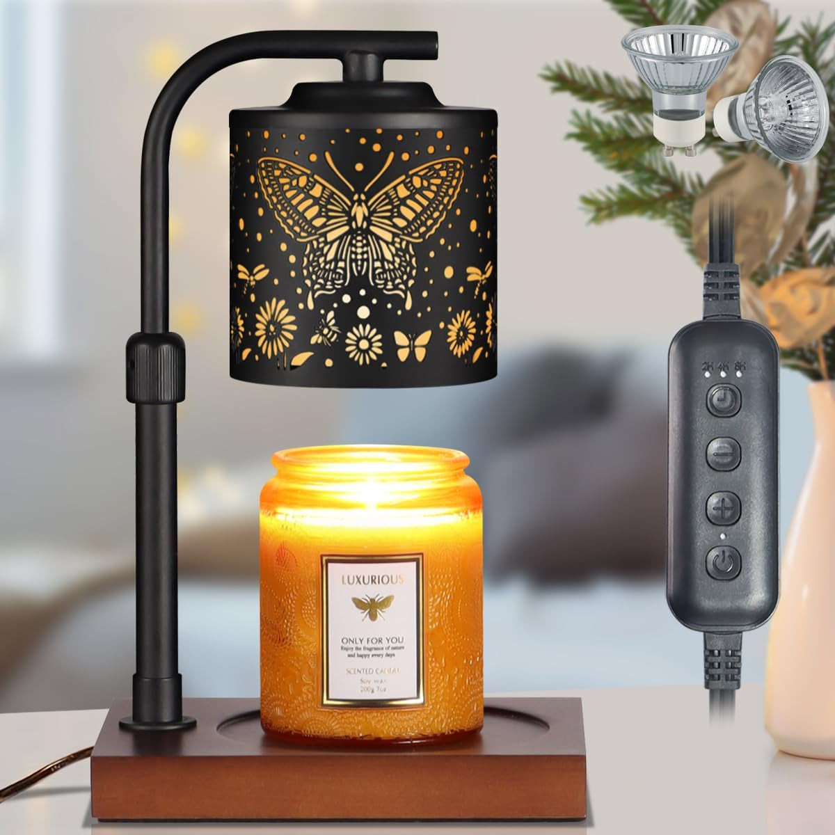 Dimmable Candle Warmer Lamp with Timer Electric Wax Melt Warmers Light Adjustable Height for Jar Scented Candles for Home Offices Decor Mother'S Day Birthday Gifts for Women Mom Grandma(Butterfly-01)