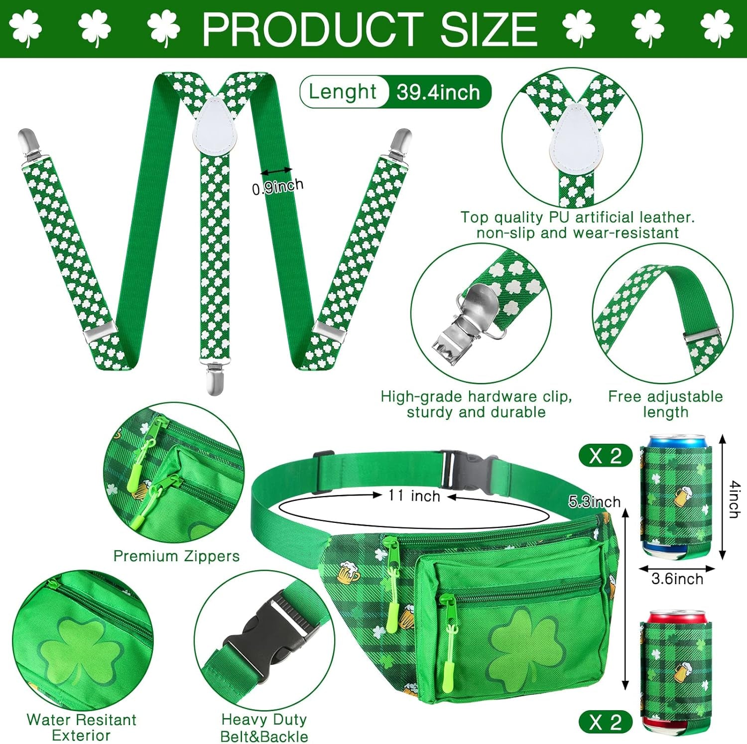 10 Pcs St. Patrick'S Day Fanny Pack Shamrocks Belt Bag Fanny Pack with Suspenders Drink Holder Headband Wristband