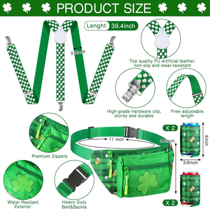 10 Pcs St. Patrick'S Day Fanny Pack Shamrocks Belt Bag Fanny Pack with Suspenders Drink Holder Headband Wristband