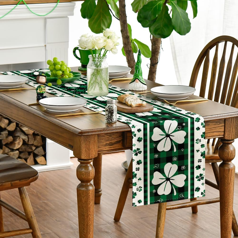 Green Clover Buffalo Plaid St. Patrick’s Day Table Runner – 13x72 Inch Seasonal Dining & Kitchen Decoration