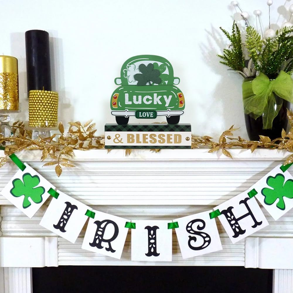 St. Patrick’s Day 3-Layered Wood Green Truck Decor – Shamrock Ornaments & "Lucky & BLESSED" Sign for Home, Table, Mantel