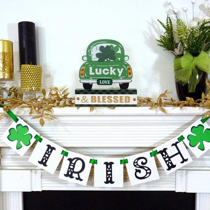 St. Patrick’s Day 3-Layered Wood Green Truck Decor – Shamrock Ornaments & "Lucky & BLESSED" Sign for Home, Table, Mantel