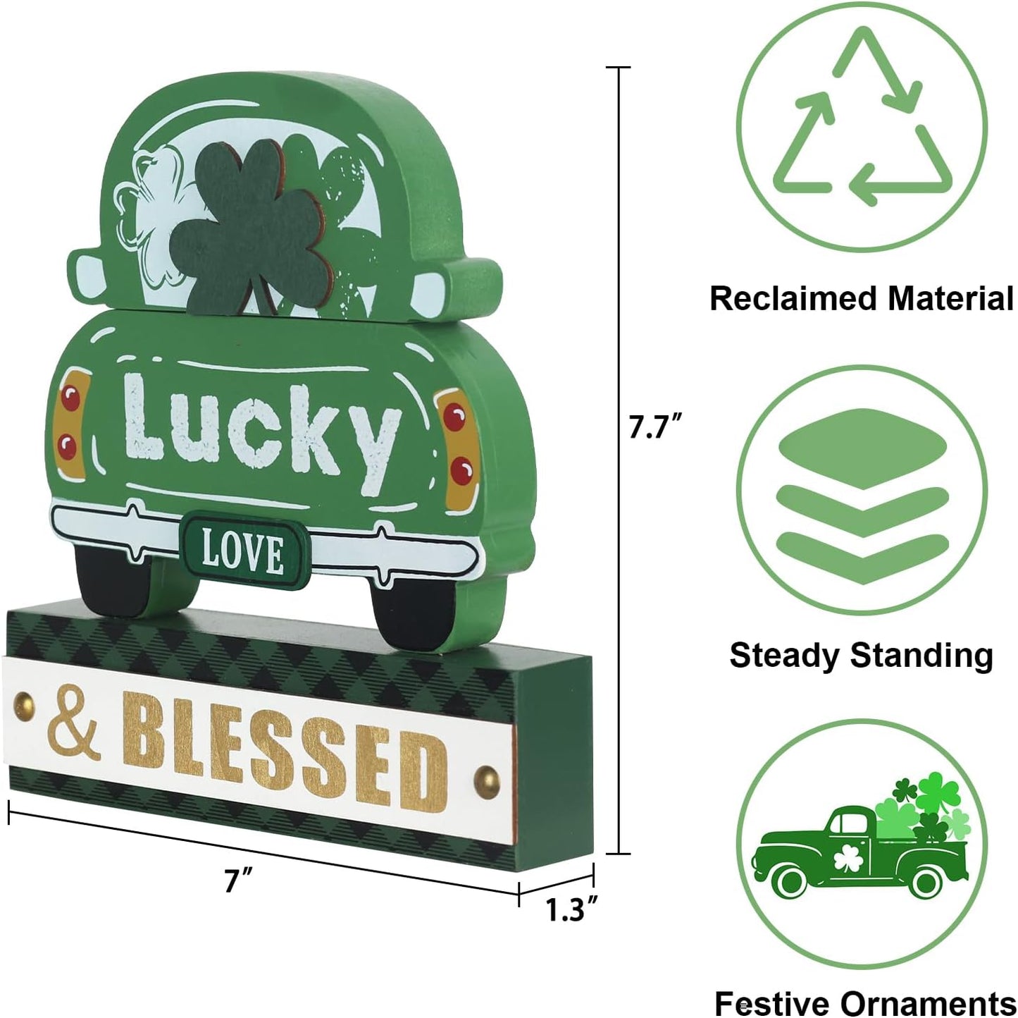 St. Patrick’s Day 3-Layered Wood Green Truck Decor – Shamrock Ornaments & "Lucky & BLESSED" Sign for Home, Table, Mantel