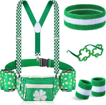 10 Pcs St. Patrick'S Day Fanny Pack Shamrocks Belt Bag Fanny Pack with Suspenders Drink Holder Headband Wristband