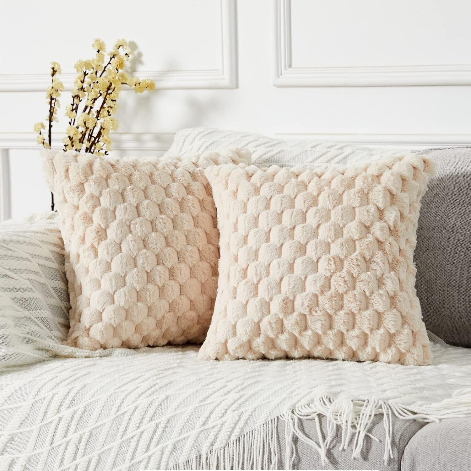 2-Pack Super Soft Fuzzy Throw Pillow Covers – 16x16" Beige Faux Fur Cushion Covers