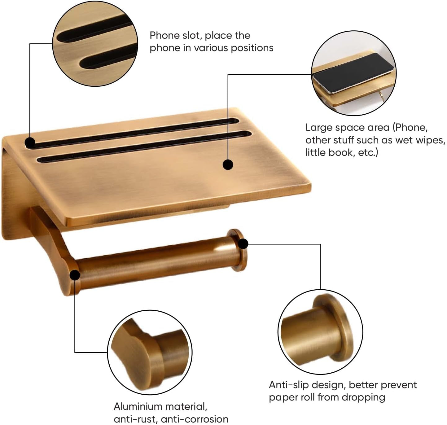 Smart Phone Holder- Smart Home Toilet Paper Holder with Built-In Shelf – Antique Brass Finish! Upgrade Your Bathroom! 🚽✨ 