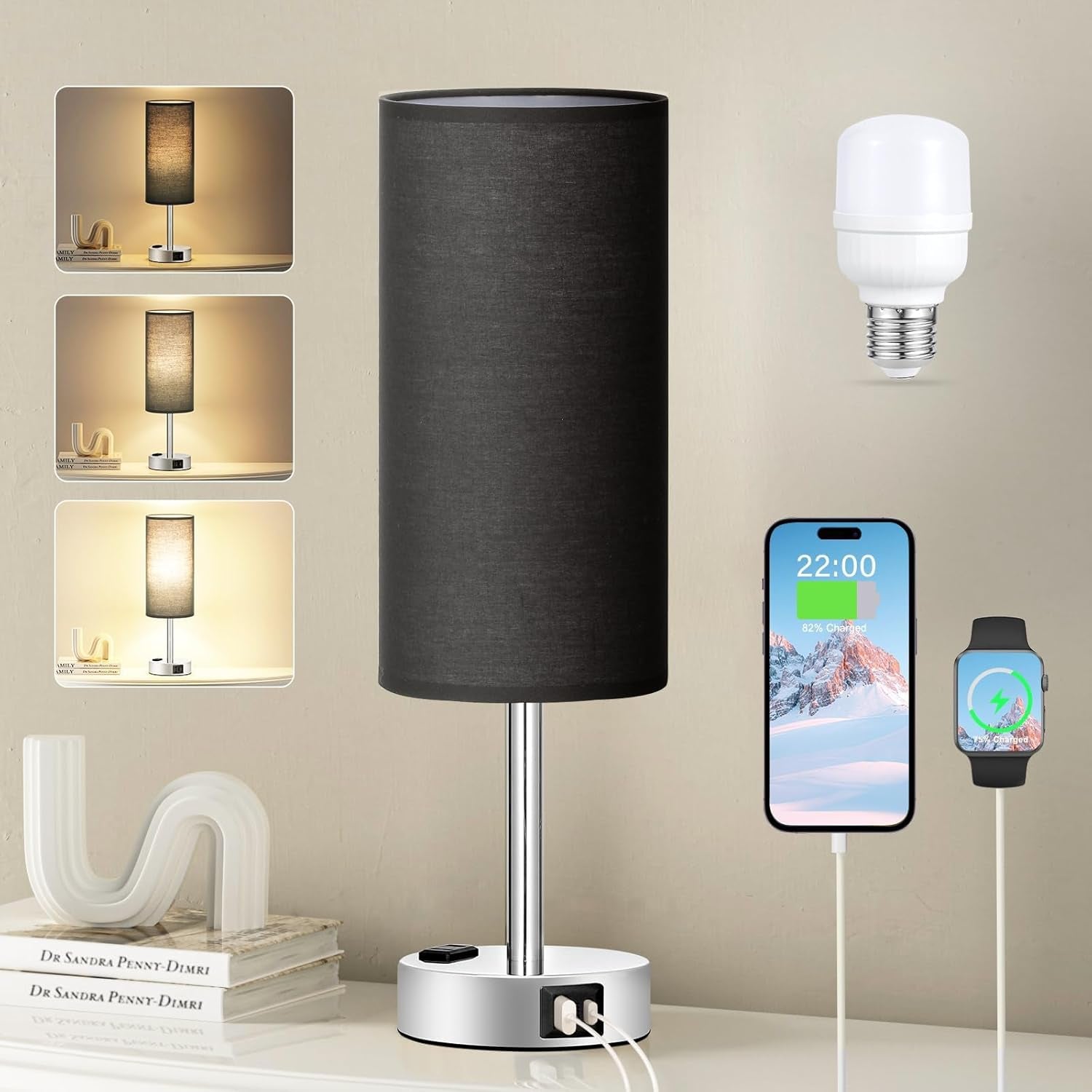 3-Way Dimmable Touch Lamp with USB C Ports & AC Outlet, LED Bulb Included | Different Colors 