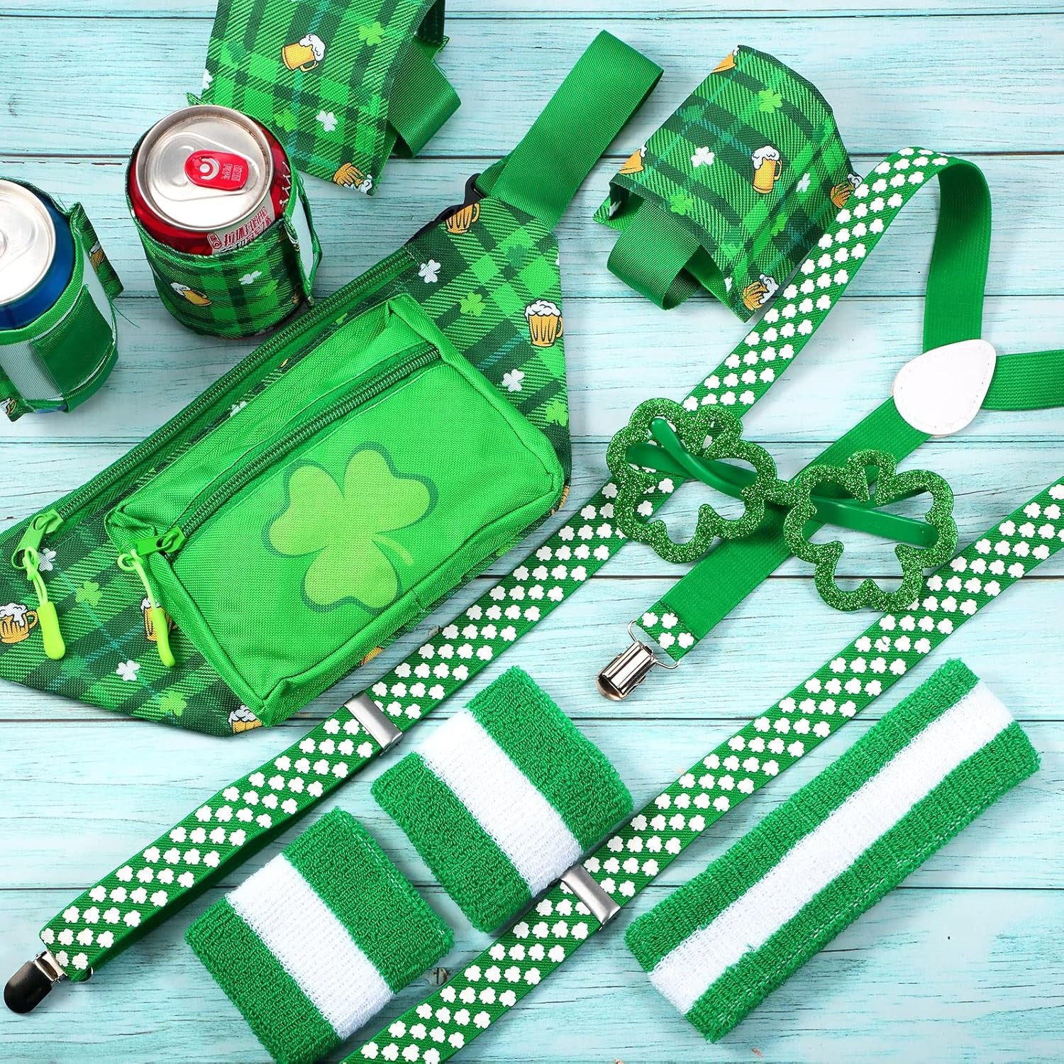 10 Pcs St. Patrick'S Day Fanny Pack Shamrocks Belt Bag Fanny Pack with Suspenders Drink Holder Headband Wristband