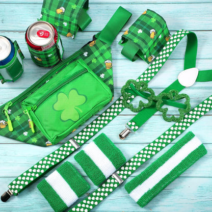 10 Pcs St. Patrick'S Day Fanny Pack Shamrocks Belt Bag Fanny Pack with Suspenders Drink Holder Headband Wristband