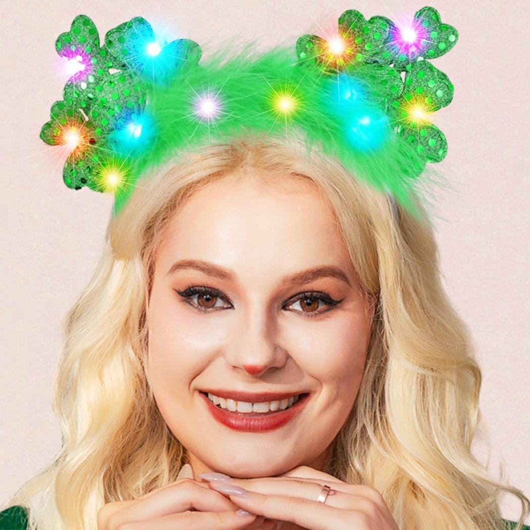 Glow Up for St. Patrick’s Day! 🍀 LED Shamrock Headband with Green Feathers & Cat Ears – Festive & Fun Hair Accessory!