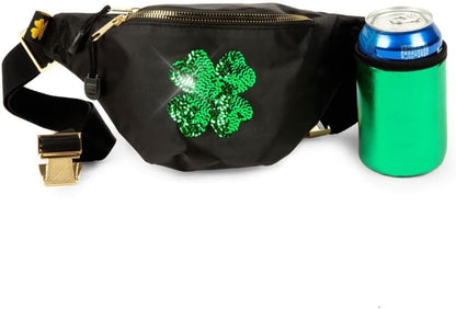 St Patrick’S Dublin' Drinker Fanny Pack W/Drink Accessories - Green Clover Waist Bag with 2 Attached Beverage Holsters - Multiple Zipper Pocket Belt Bag for Parties Celebrations