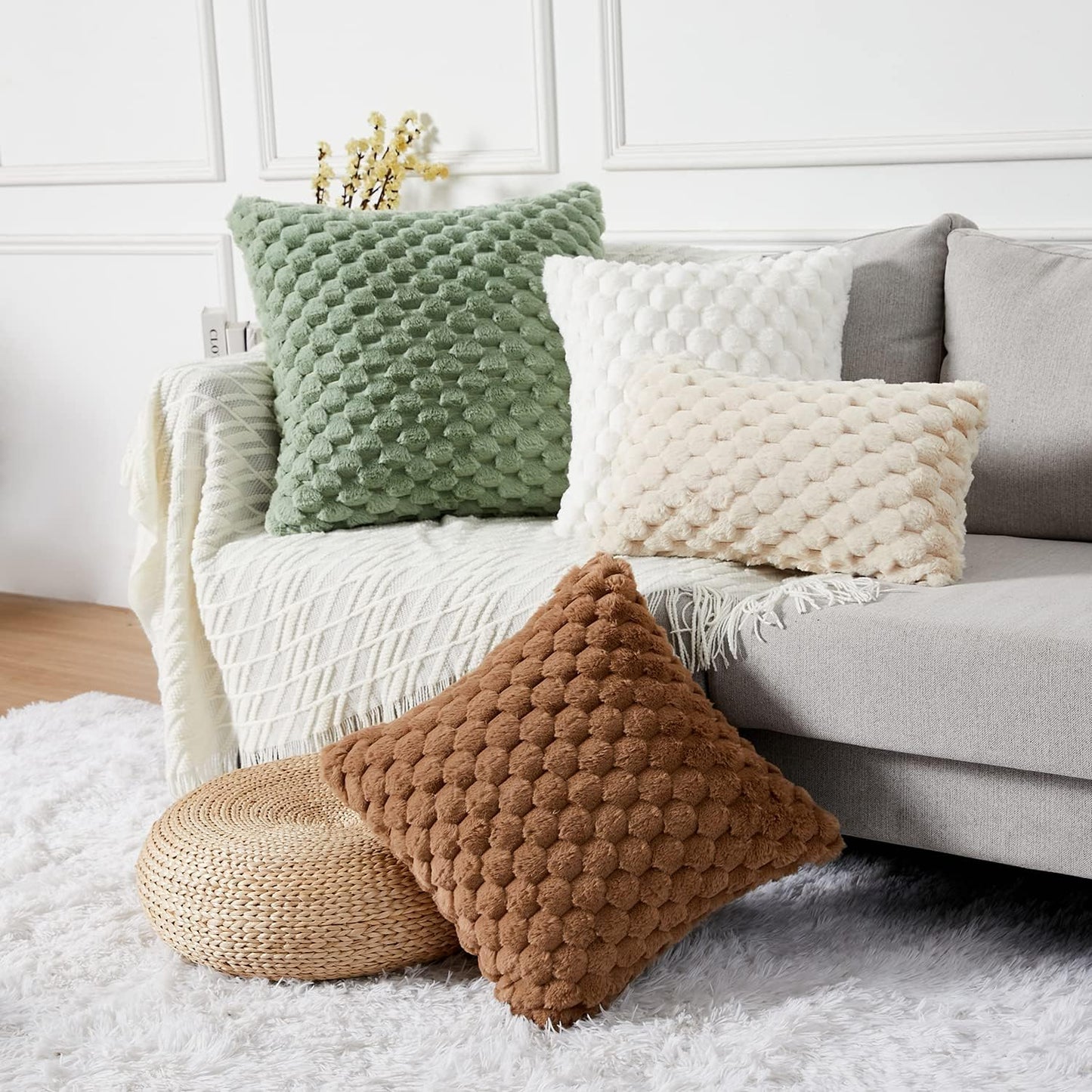 2-Pack Super Soft Fuzzy Throw Pillow Covers – 16x16" Beige Faux Fur Cushion Covers