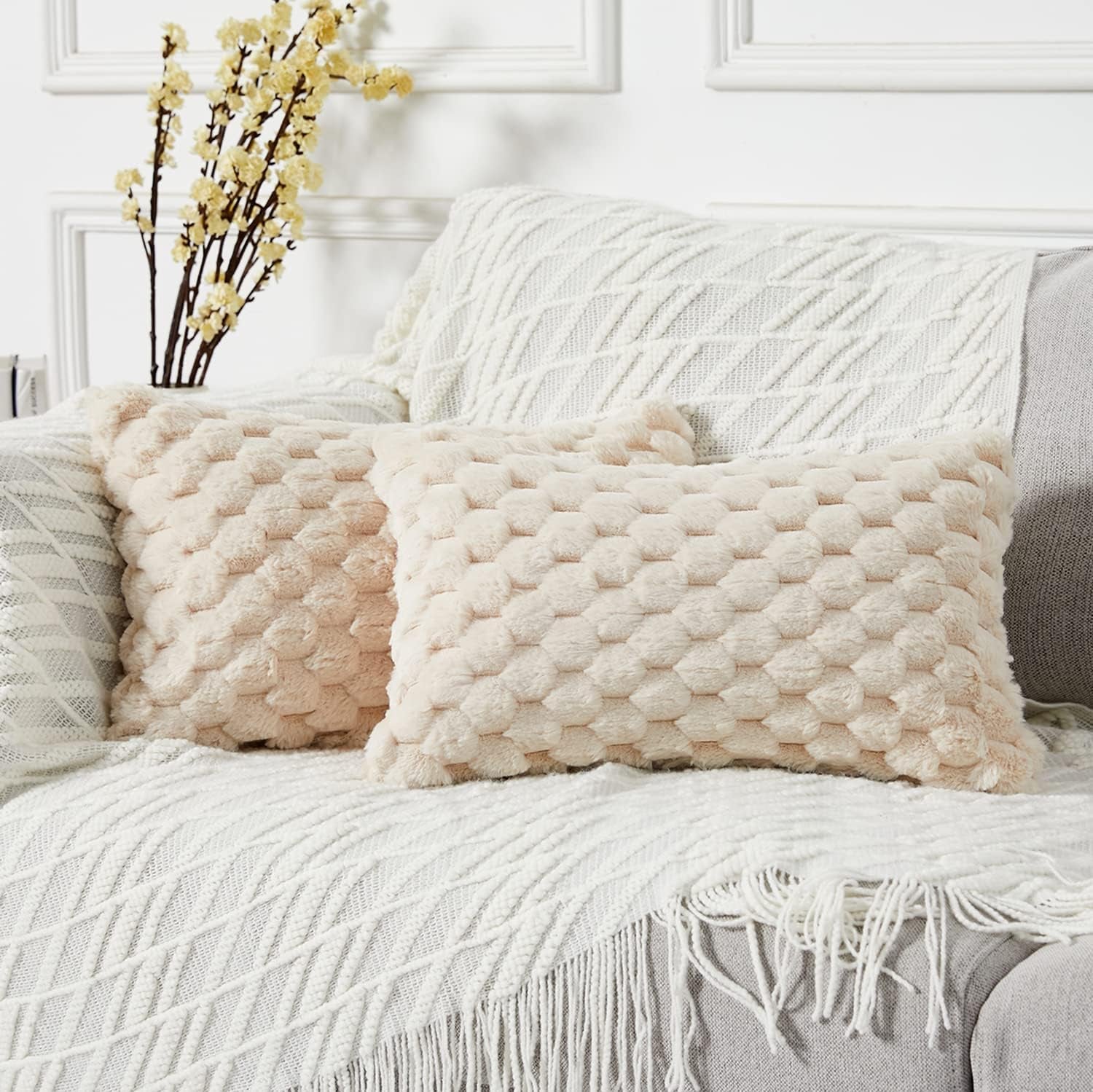 2-Pack Super Soft Fuzzy Throw Pillow Covers – 16x16" Beige Faux Fur Cushion Covers