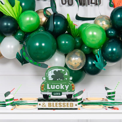 St. Patrick’s Day 3-Layered Wood Green Truck Decor – Shamrock Ornaments & "Lucky & BLESSED" Sign for Home, Table, Mantel
