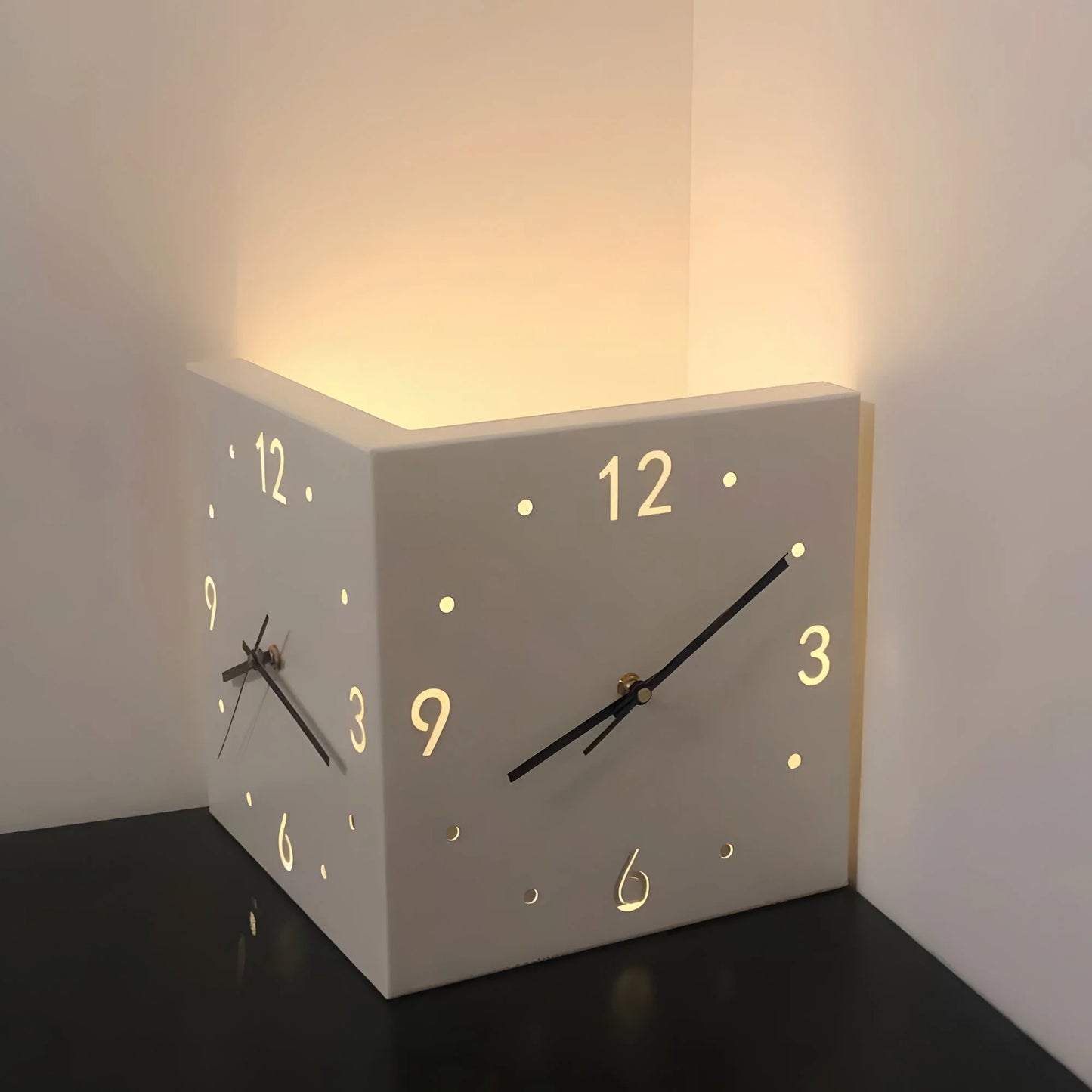 Double-Sided Wall Clock with Night Light – Nordic Hanging Corner Clock for Living Room Décor (White)
