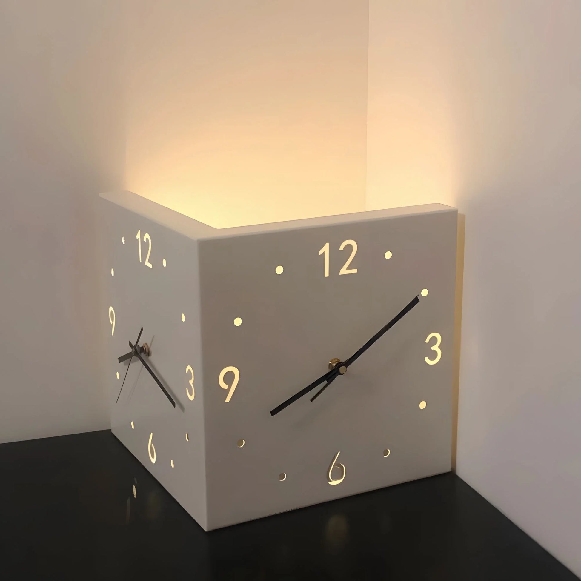 Double-Sided Wall Clock with Night Light – Nordic Hanging Corner Clock for Living Room Décor (White)