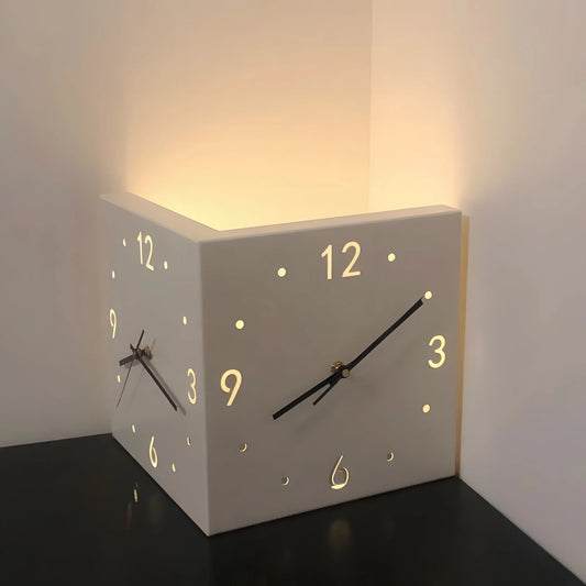 Double-Sided Wall Clock with Night Light – Nordic Hanging Corner Clock for Living Room Décor (White)