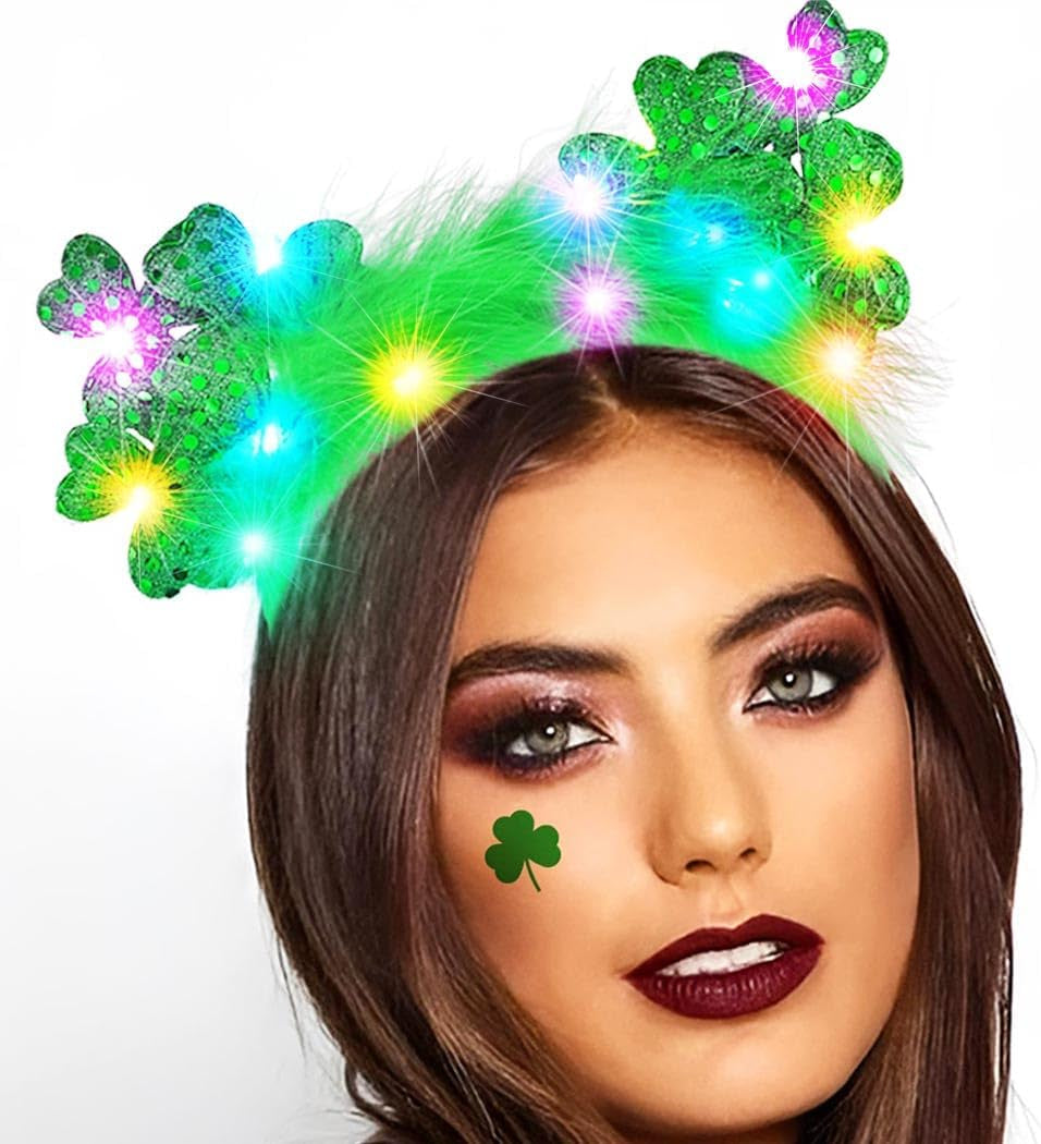 Glow Up for St. Patrick’s Day! 🍀 LED Shamrock Headband with Green Feathers & Cat Ears – Festive & Fun Hair Accessory!