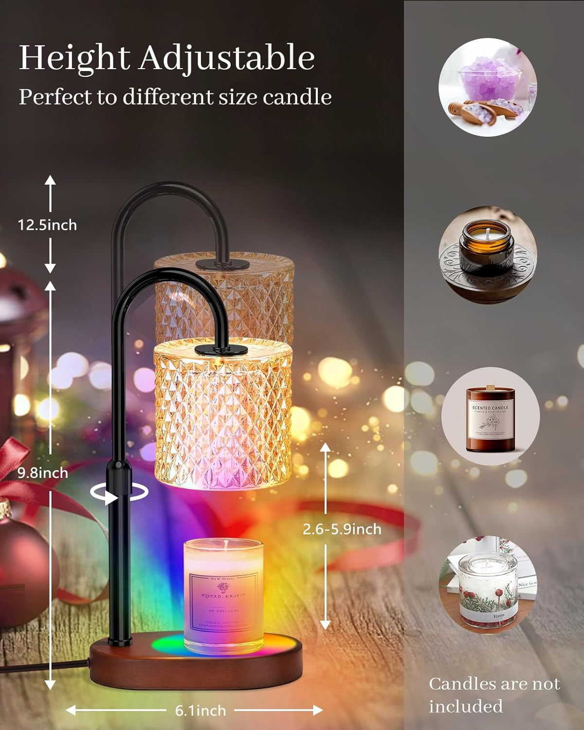 Candle Warmer Lamp with 8 Color LED & Timer | RGB Dimmable Wax Melt Warmer | Adjustable Height for All Scented Candles 